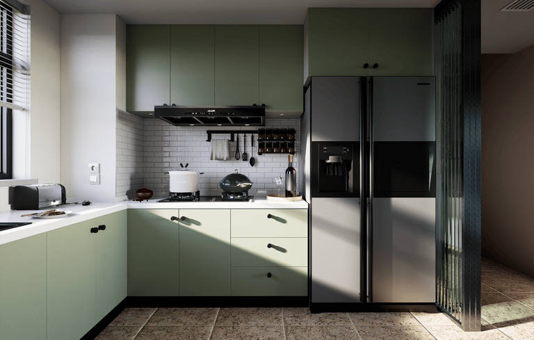 a kitchen with a refrigerator and a refrigerator freezer