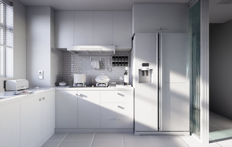 a kitchen with a refrigerator and a refrigerator freezer