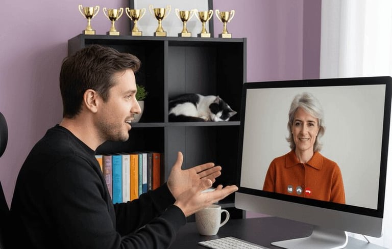 Man on a video call, trophies lined up behind him and a Week Wins notepad on the desk