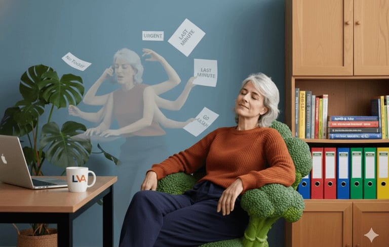 Woman "lays like broccoli" while her ghost self frantically juggles last-minute urgent tasks.