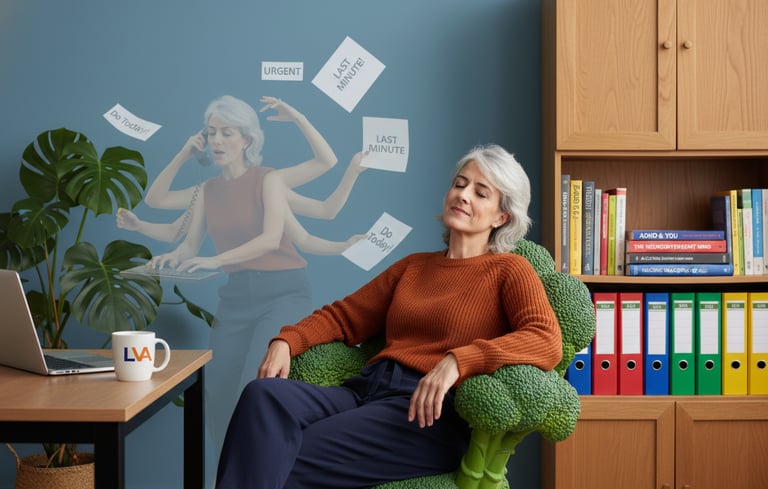A businesswoman sits calmly in a green armchair as a ghostly multitasking version behind is stressed