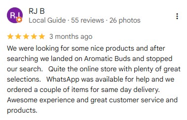 Five-star Google review for Aromatic Buds praising their online store, same day delivery, and customer service.
