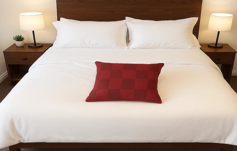 A neatly made bed with white sheets and vibrant red pillows.