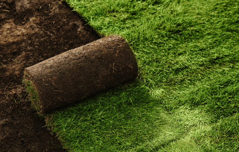 Fresh sod in Morrisville being laid to restore a green, healthy lawn