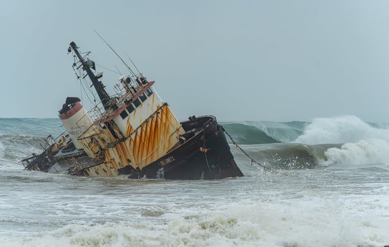 Shipwreck with 2 perfect waves rolling on the back