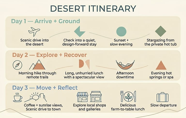 Three-day desert vacation itinerary featuring hiking, hot springs, and local gallery tours.