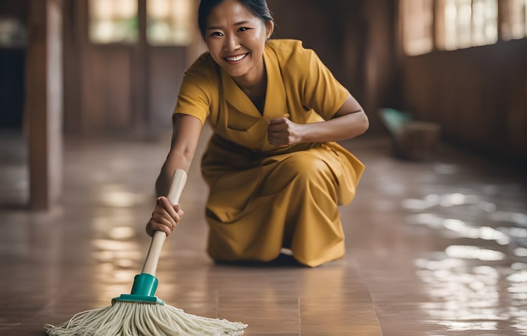 Domestic maid cleaning and doing household chores in modern home in Singapore