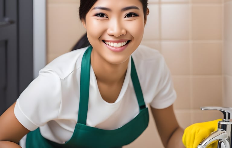 Domestic maid cleaning and doing household chores in modern home in Singapore