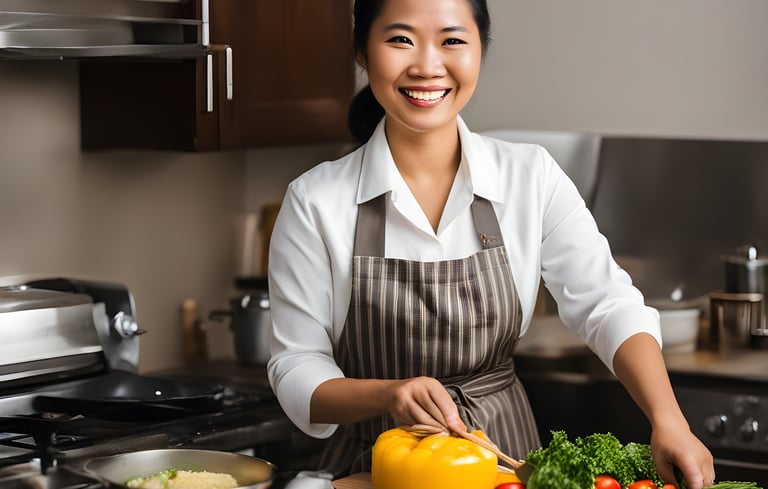 Domestic maid cooking in modern Kitchen in Singapore