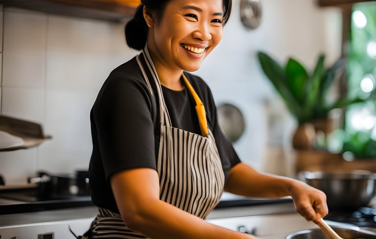 Domestic maid cooking in modern Kitchen in Singapore