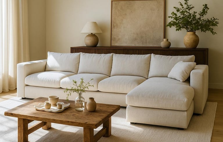 Custom daybed-style sectional sofa in a warm neutral living room by Solo Home Decor