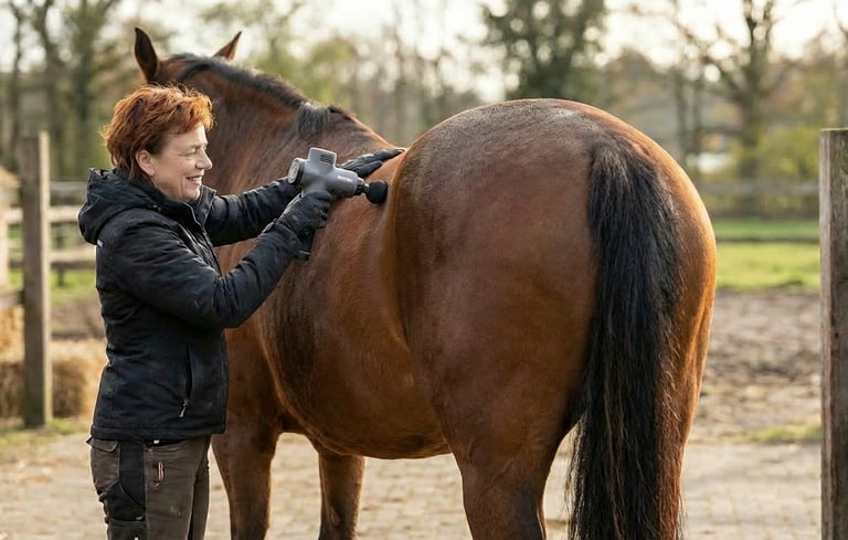 A woman using a handheld percussion massage gun on a brown horse for equine muscle recovery.