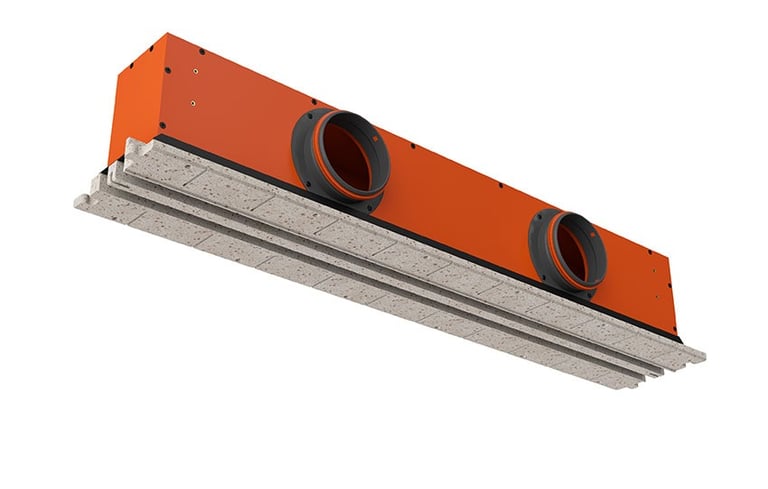 ERGOVENT LINEO PRO PUZZLE 125-2 angled view showing orange plenum body with two large round duct inlets and gray gypsum frame