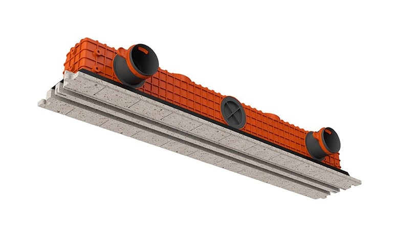 ERGOVENT LINEO PRO PUZZLE 2-slot 75-90mm angled view showing orange plenum body with round duct inlets and gray gypsum frame