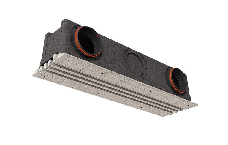 ERGOVENT LINEO PRO PUZZLE CONDI 150-160 angled view showing insulated dark plenum with round duct inlets and gypsum frame