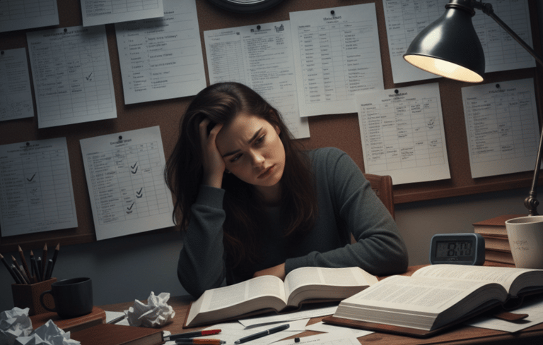 a woman sitting at a desk with a clock and a clock