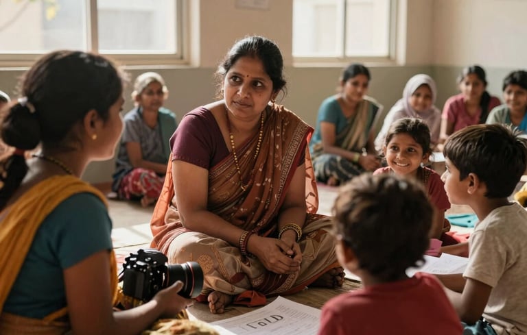 A group of smiling children and adults engaged in a lively community learning session outdoors.
