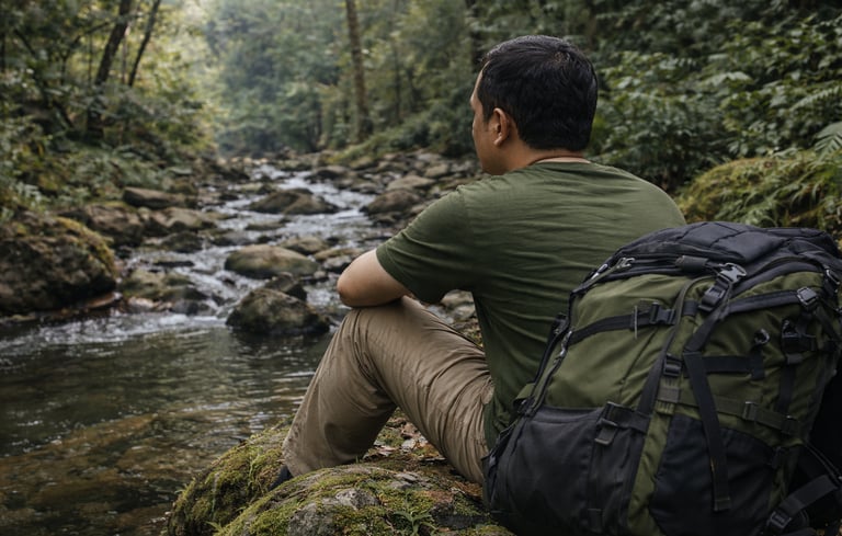 poto armando sedang istrahat di tepi sungai di dalam hutan