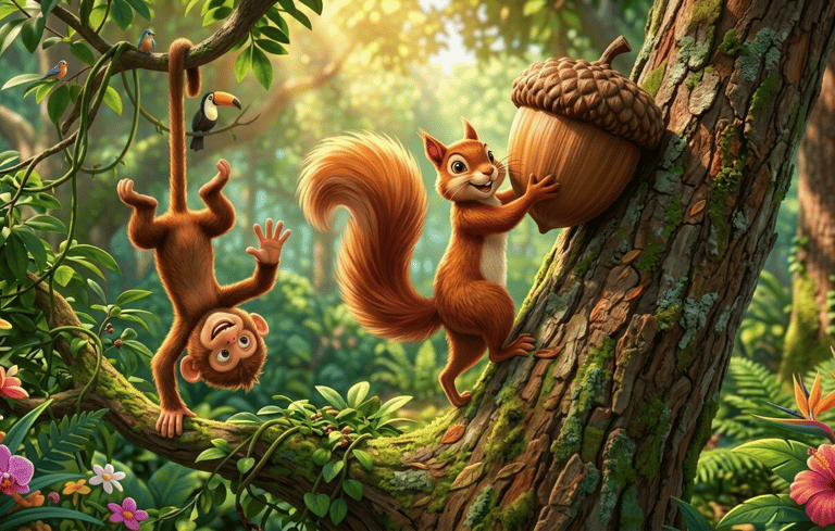 Animated monkey and squirrel holding a large acorn in a lush tropical jungle forest with colorful flowers.