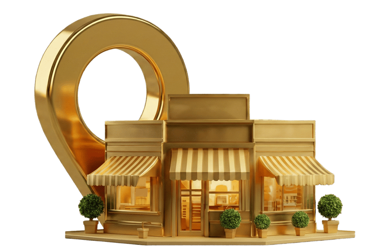 Golden 3D storefront model with a map location pin, representing local business SEO and premium retail placement.