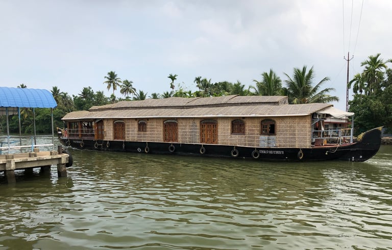 Tracey Billington canoeing on the waterway at Alappuzha, Kerala, India