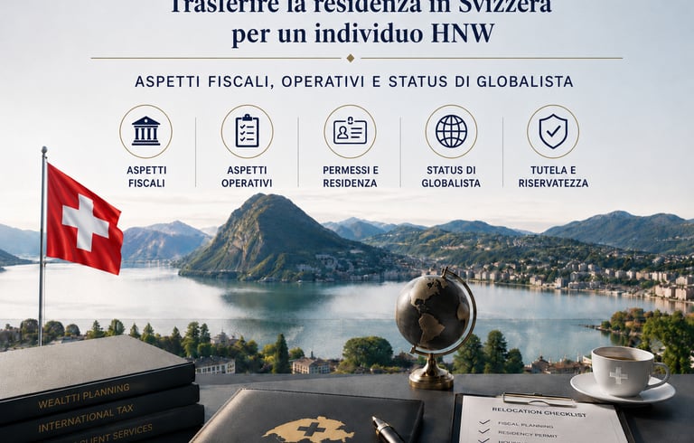 Infographic about HNW residency in Switzerland featuring a scenic lake view and relocation checklist.