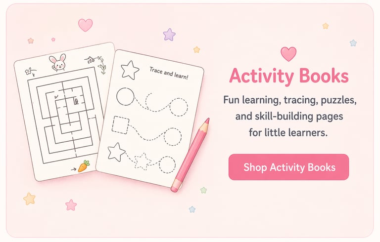Educational activity books for kids featuring tracing shapes and a rabbit maze puzzle with a pink pencil.