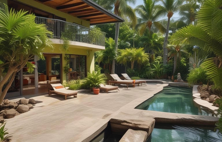 A well-maintained rental property surrounded by lush tropical plants under a bright blue sky.