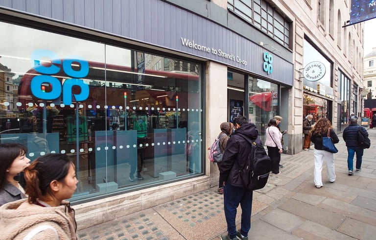 loja Co-op na avenida Strand em Londres com pessoas caminhando pela calçada