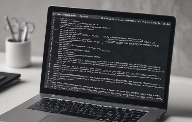 A laptop computer with a website displayed on the screen featuring the text 'Exceptional Web Application design & development'. The laptop is on a dark surface, and the website has a clean and modern design with a light background and colorful text elements.