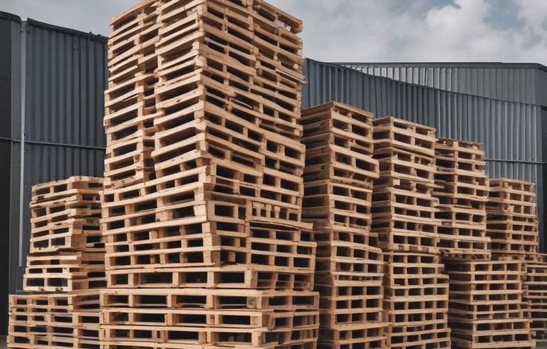 A stack of wooden pallets in a warehouse setting.