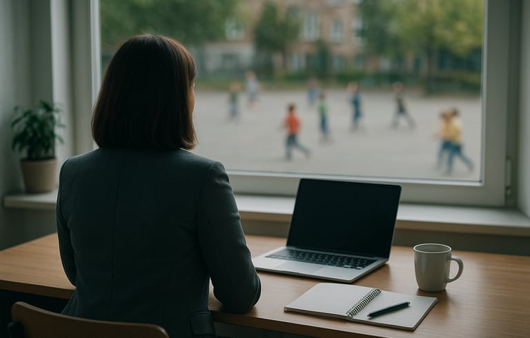 Schooldirecteur staart uit het raam, in gedachten over morele dilemma’s in onderwijs