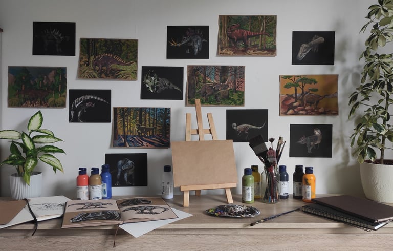 a desk with a painting easel, artworks and a potted plant