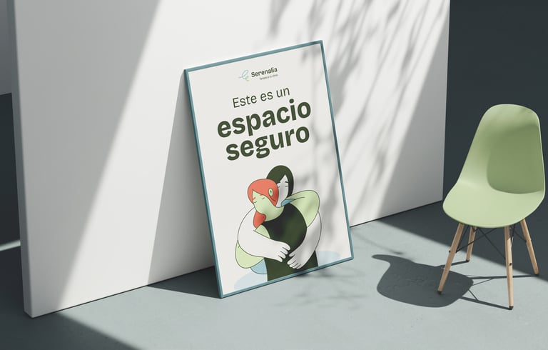 cartel diseñado para Serenalia, destacando mensajes clave y la identidad visual de la clínica.