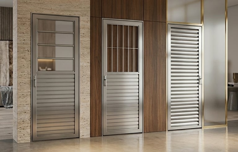 Modern aluminum doors with horizontal slats and glass inserts installed in a luxury interior.