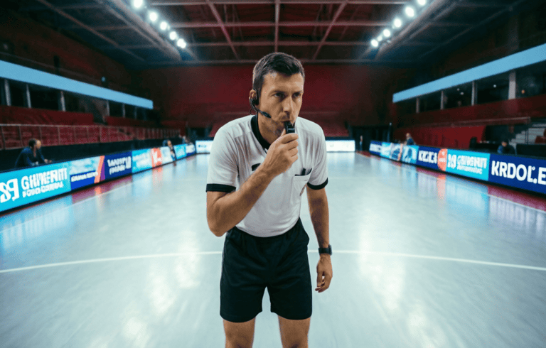 Professional sports referee blowing a whistle on an indoor court in a large arena.