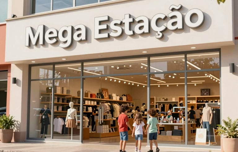 Fachada moderna e convidativa da loja Mega Estação com boa iluminação e letreiro visível, em um dia ensolarado