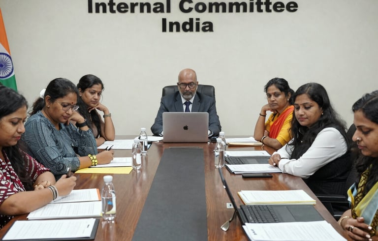 A diverse Corporate POSH Internal Committee meeting in India discussing workplace safety and compliance.