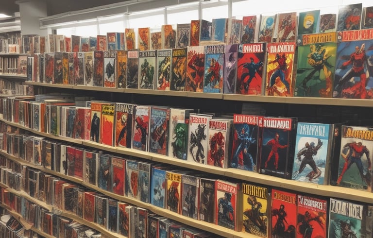 A cozy corner with shelves filled with retro video games and classic vinyl records.