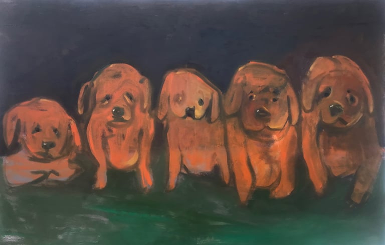 Puppy Mills when dogs just business oil painting by Lina Mikuzyte