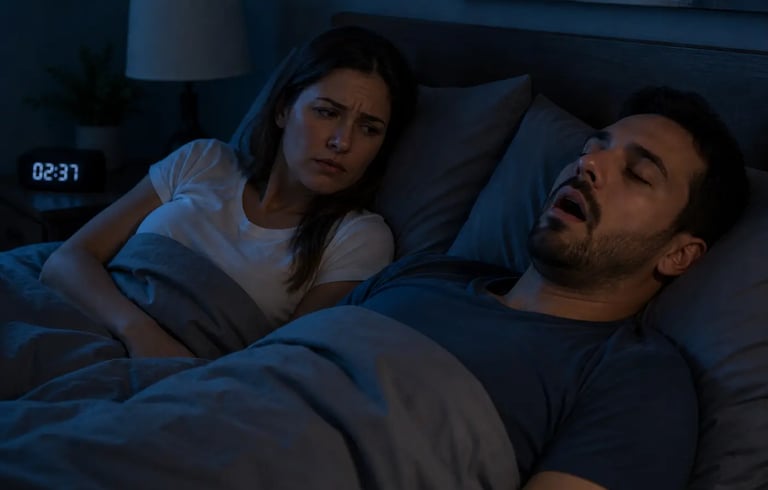 A frustrated woman lies awake in bed while her partner snores loudly, illustrating sleep apnea symptoms.