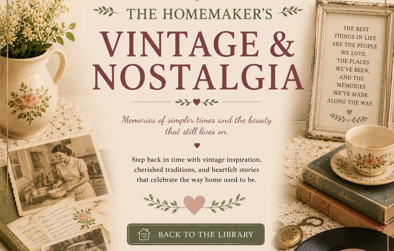 Vintage homemaker nostalgia collage with old family photos, antique books, and a vinyl record.