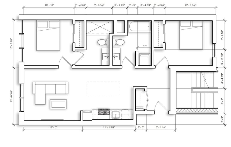 Detailed architectural floor plan of a two-bedroom apartment with dimension lines and furniture layout.