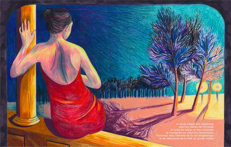 a woman in a red dress sitting on a ledge