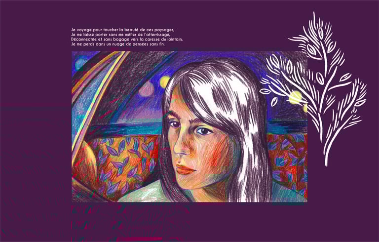 a drawing of a woman in a car