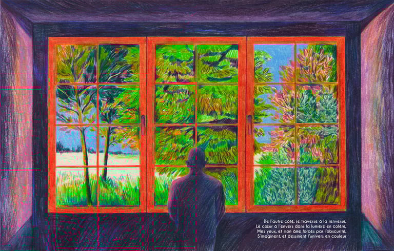 a man standing in front of a window with a view of a tree