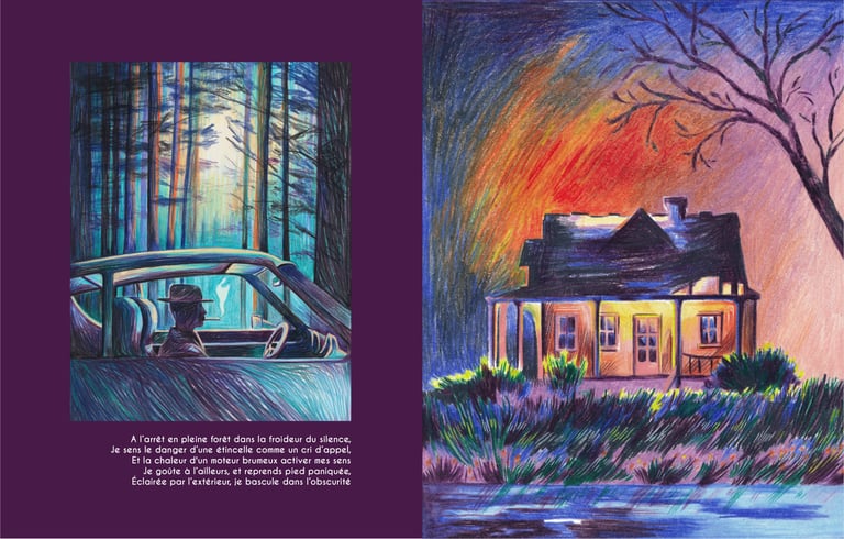a painting of a house with a car in the background