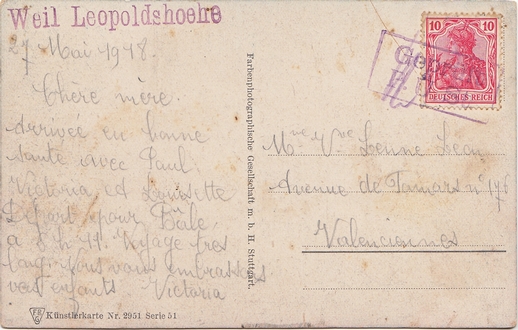 Postcard sent from WEIL (German-Swiss border) to VALENCIENNES.