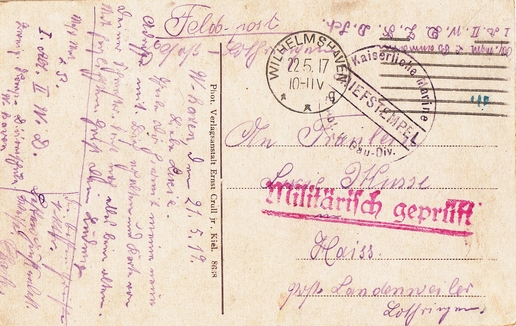 22 mai 1917. Carte d’un marin lorrain en poste au port de Wilhelmshaven.