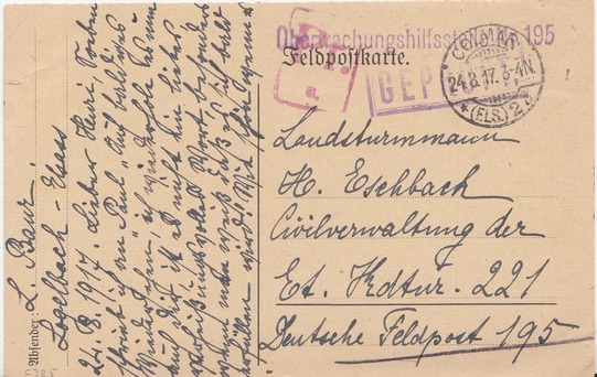 24 août 1917, carte pour un soldat territorial en poste à la Kommandantur 221